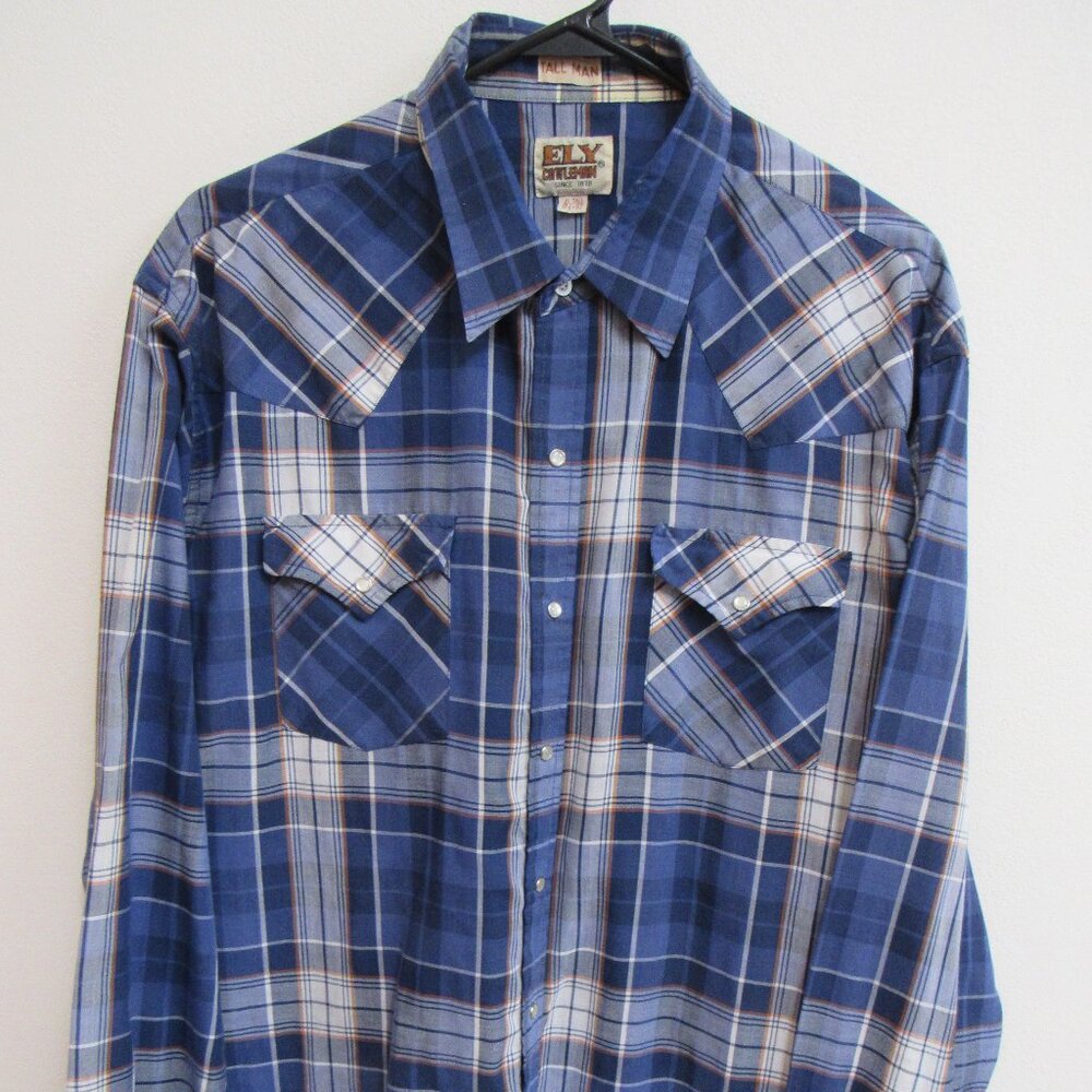 Ely Cattleman‎ Tall Man Blue Plaid Long Sleeve Pearl Snap Shirt XLT 17.5-37
